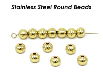 100 x Stainless Steel Round Beads 2mm 3mm 4mm 5mm 6mm 8mm 10mm, Solid Smooth Seamless Gold Spacer Beads for Jewelry Making