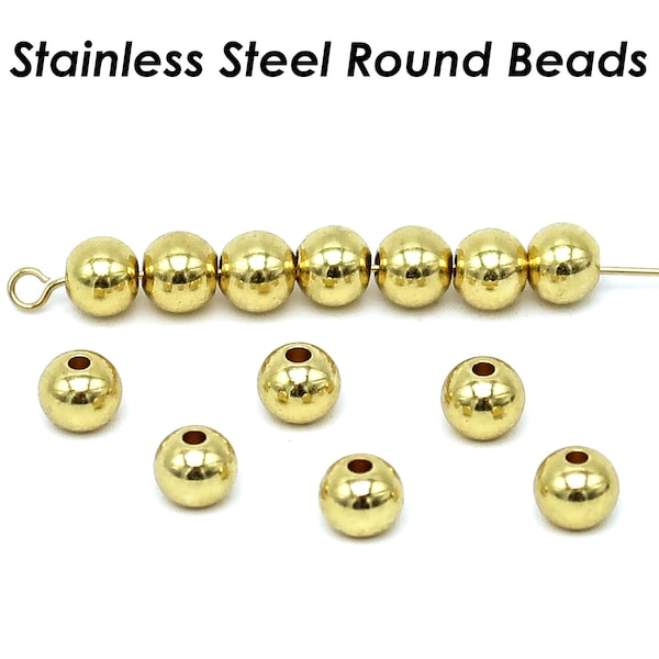 100 x Stainless Steel Round Beads 2mm 3mm 4mm 5mm 6mm 8mm 10mm, Solid Smooth Seamless Gold Spacer Beads for Jewelry Making