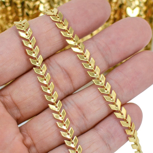 10 Ft x Flat Chevron Chain, Stainless Steel Chain Bulk for Necklace or Bracelet , Silver Gold Fish Bone Chain for Jewelry Making