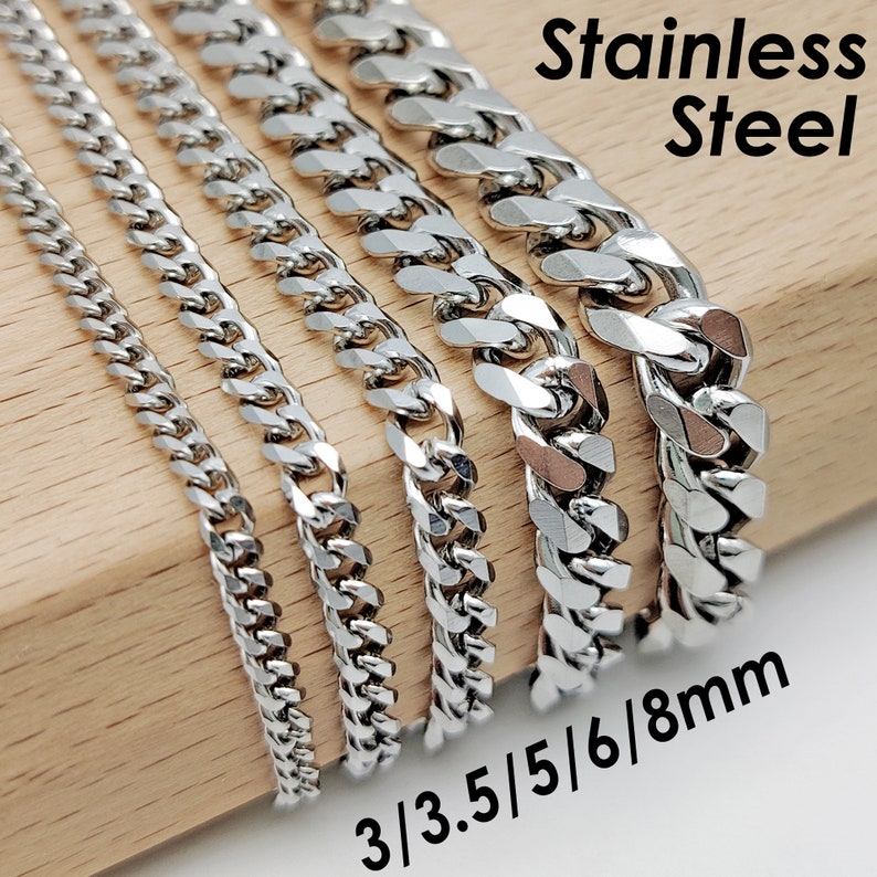 Stainless Steel Necklace Men Women 6 & 8mm Miami Cuban Link Necklace Choker Thick Twist Curb Chain Bracelet Silver, Gift Jewelry for him her image 2