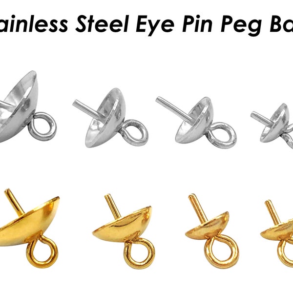 20 x Stainless Steel Eye Pin Bail with Cup 3/4/5/6/8mm, Peg Drop Pearl Cup, Pearl Bail Gold Silver, Peg Bail for Half Drilled Pearls / Beads