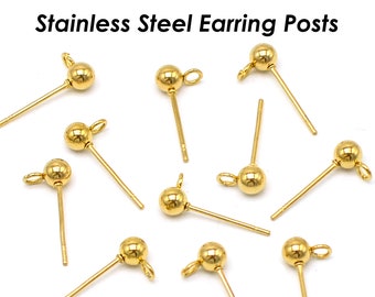 50 postes para aretes de acero inoxidable con bucle, poste de bola para aretes con anillo, accesorios para aretes de poste de oro plateado para la fabricación de joyas