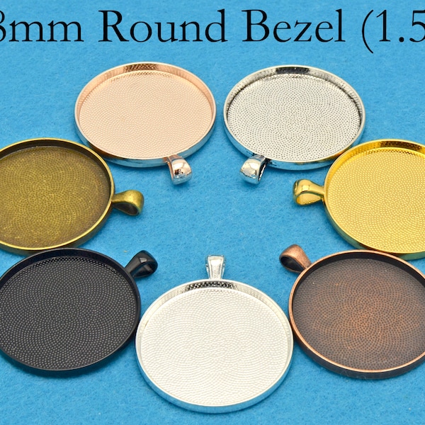 38mm Round Pendant Tray, 1.5 Inch Pendant Blanks, Round Bezel Cup, 1.5'' Cabochon Setting - Silver Gold Brozne Copper Black Rose Gold