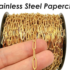 Stainless Steel PaperClip Chain Gold Silver, Stainless Steel Bulk Chain Paper Clip Link Chain by the Yard Length for Jewelry Making