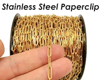 Stainless Steel PaperClip Chain Gold Silver, Stainless Steel Bulk Chain Paper Clip Link Chain by the Yard Length for Jewelry Making