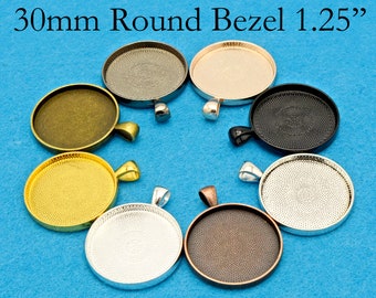 10/50 Stk. - 30mm Rundes Hängetablett, CabochonFassung, 30mm Anhänger Lünette Rohlinge, Kamee Einstellung zur Kettenherstellung- Silber/Bronze/Gold/Schwarz