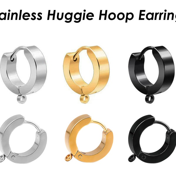 Huggie Hoop Earrings Gold Silver Black, Muscly Stainless Steel Huggie Earring Hoops with Loop, Hypoallergenic Jewelry Findings