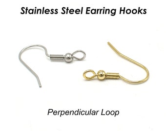 50 x Stainless Steel Earring Hooks Gold Silver, Surgical Steel Earring Findings,  Hypoallergenic Earring Wires - Perpendicular Loop