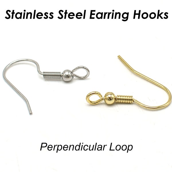 50 x Stainless Steel Earring Hooks Gold Silver, Surgical Steel Earring Findings,  Hypoallergenic Earring Wires - Perpendicular Loop