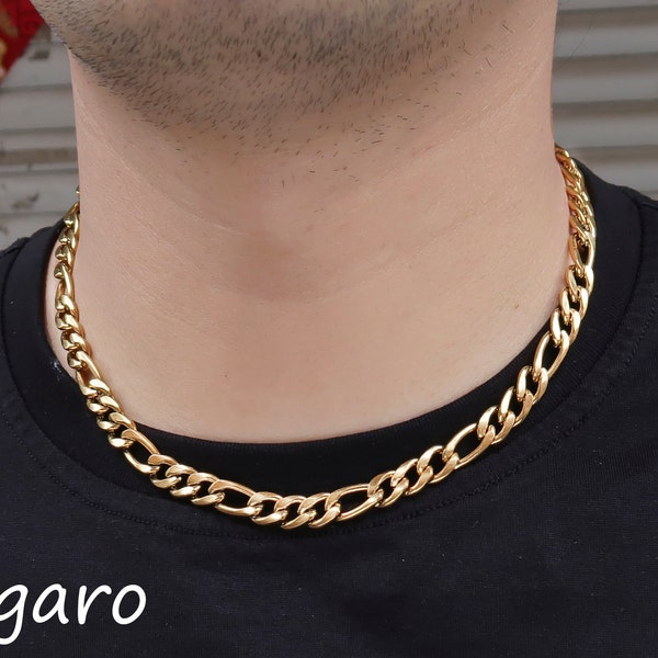 Figaro Necklace Gold Silver, Tarnish Free Stainless Steel Cuban Link Chain Necklace for Men Women, Gift for Him or Her