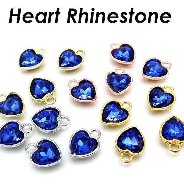 Heart Rhinestone Charms Antique Silver, Rose Gold, 14K Gold Blue Birthstone Beads Jewelry Supplies for Earrings, Necklace Bracelet Making