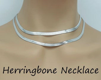 Stainless Steel Herringbone Necklace Gold Silver, Flat Snake Necklace for Women Men, Snake Chain Serpentine Necklace, Gift for Her