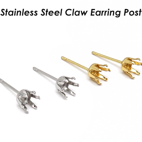 50 x Stainless Steel Claw Earring Setting, Claw Earring Post, Prong Post Earring Stud, Gold Plated Snap Tite Earring Settings Blanks