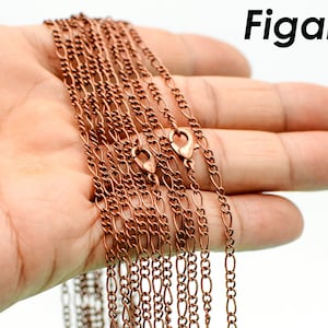 10 x Copper Figaro Chain Necklace Wholesale 18 24 Inches Dainty Antique Copper Necklace for Women Men for Jewelry Making - Soldered Links
