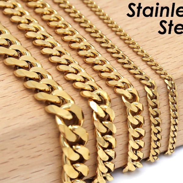 1 Meter - Bulk Cuban Chain Gold Silver, Stainless Steel Cuban Link Chain for Men Women, Thick Twist Curb Chainfor Necklace Bracelet Making