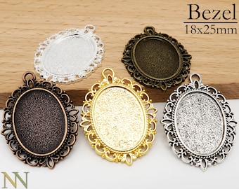 18x25mm Pendant Trays, Oval Pendant Bezel Blanks, Fancy Flower Cabochon Setting, Pendant Base - Silver Gold Bronze Copper Black