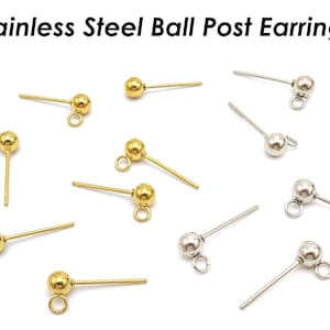 50 x Stainless Steel Ball Post Earrings Gold Silver, Surgical Steel Stud Earring With Connectors, Hypoallergenic Earring Findings