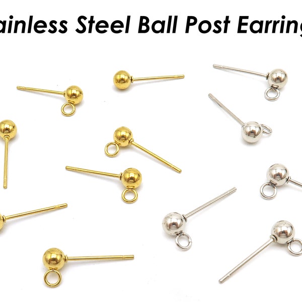 50 x Stainless Steel Ball Post Earrings Gold Silver, Surgical Steel Stud Earring With Connectors, Hypoallergenic Earring Findings