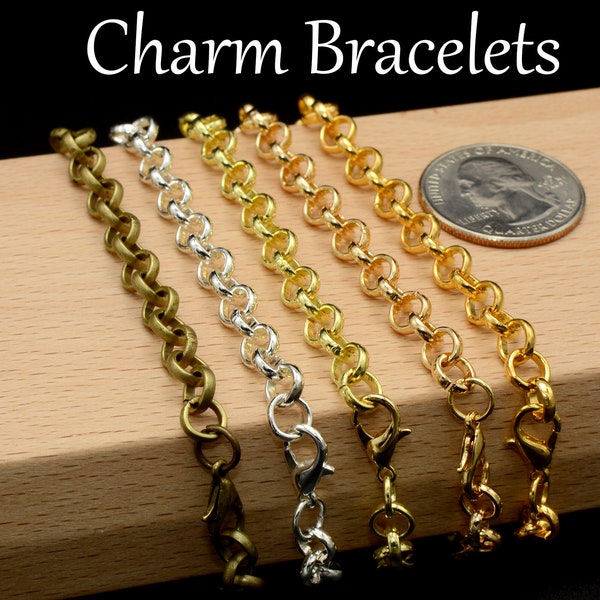 5/50 pcs - Charm Bracelets for Women Girls, Bulk Wholesale 8'' Adjustable 6mm Big Rolo Chain Link Bracelets Gold/14K Gold/Silver/Bronze