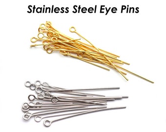 100 - 15/20/25/30/40/50mm Eye Pins Stainless Steel EyePins Gold Silver Tone 22 Gauge for Jewelry Making, Bulk Wholesale Beading Findings