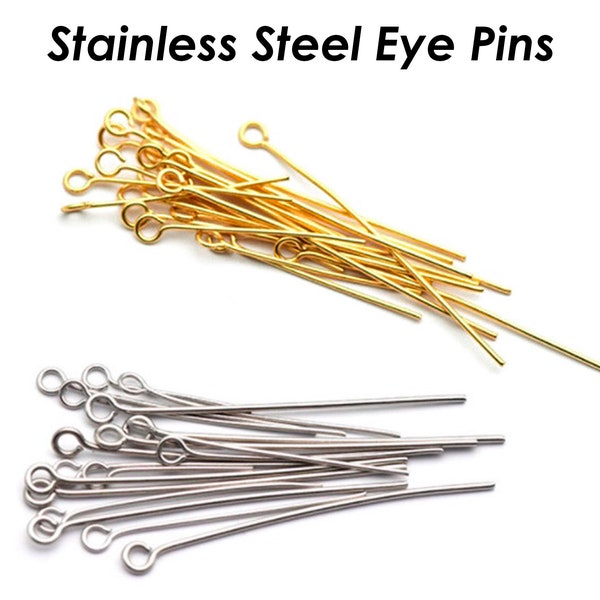 100 - 15/20/25/30/40/50mm Eye Pins Stainless Steel EyePins Gold Silver Tone 22 Gauge for Jewelry Making, Bulk Wholesale Beading Findings