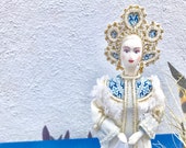Russian Doll in Traditional Dress. Beautiful Doll in whites blues. Doll built over Cone for display Mantle, Hutch, Doll, Girl Doll 10in