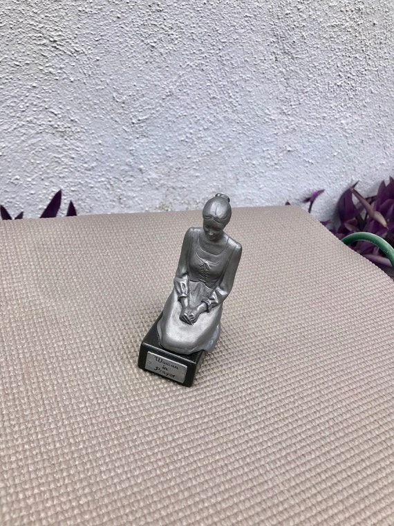 Wooden Base Woman in Prayer Pewter Statue by Darius Collectible Vintage