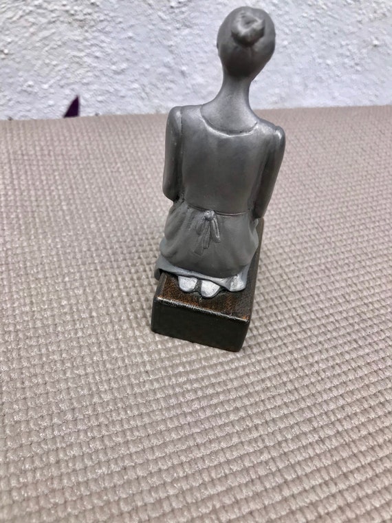 Wooden Base Woman in Prayer Pewter Statue by Darius Collectible Vintage