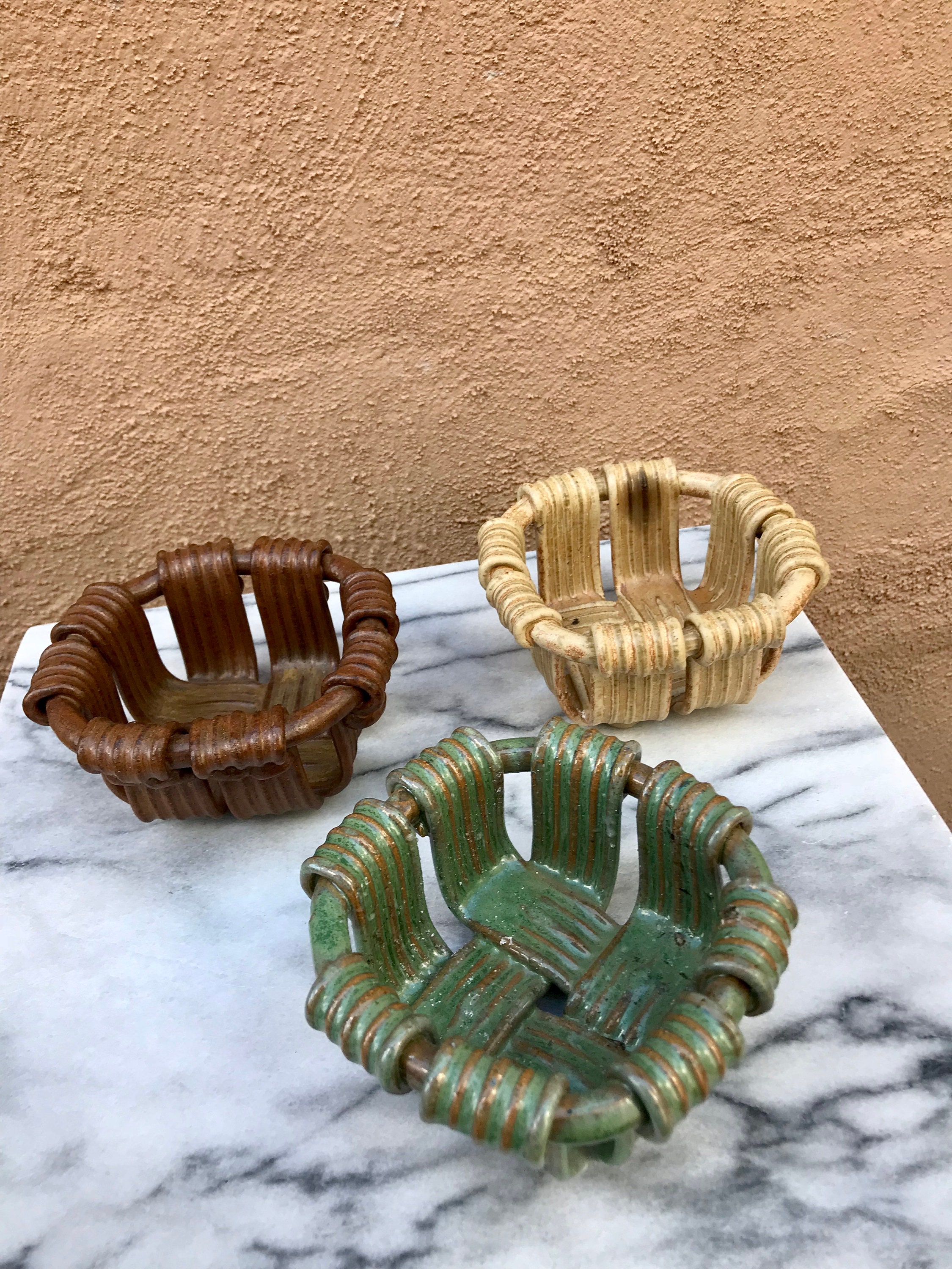 Ribbon Motif Concrete Baskets. Earthen Colors. Lot of 3. Holds Etsy