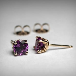 14K Natural Amethyst Stud Earrings, Solid Gold in Yellow, White, Rose, Genuine AAA Gemstones, February Birthstone Birthday Gift