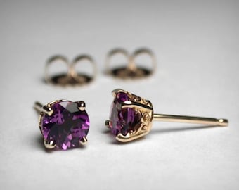 14K Natural Amethyst Stud Earrings, Solid Gold in Yellow, White, Rose, Genuine AAA Gemstones, February Birthstone Birthday Gift