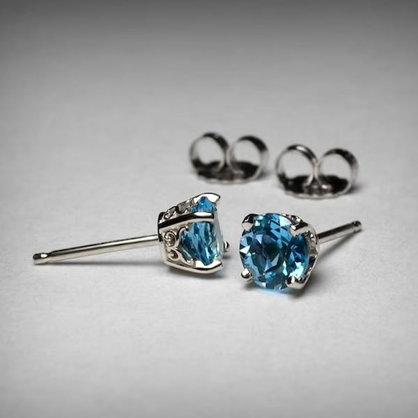 14K Natürliche Blautopas Ohrstecker, echte AAA Edelsteine, Massivgold in Weiß, Gelb oder Rose. Dezember Geburtsstein Geburtstagsgeschenk