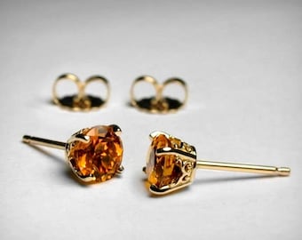 14K Genuine Citrine Stud Earrings, Solid Gold, Natural AAA Gemstones, 14K Yellow or White, November Birthstone Birthday Gift