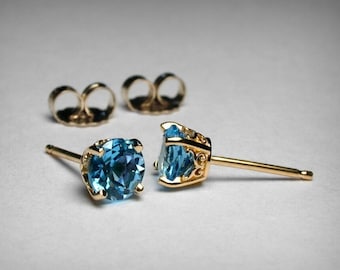 14K Genuine Blue Topaz Stud Earrings, Natural AAA Gemstones, Solid Gold, in Yellow, White, Rose. December Birthstone Birthday Gift.