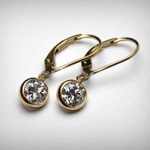 CZ Earrings, 14K Yellow Gold Filled, CZ dangle, Imitation Diamond Earrings, Bezel Set Cubic Zirconia, Bridesmaid Gift, Lever Back Earrings