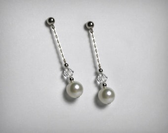 Pearl Earrings, Sterling Silver Pearl Earrings, Clear Crystal & Pearl Earrings, Pearl Drop, Pearl Dangle Earring, Bridal Wedding Jewelry