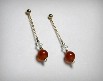 Carnelian  Earrings & Clear Crystal Earrings, 14K Yellow Gold Filled, Dangle Earring, Red Earring, Long Earring, Post Earring, Carnelian