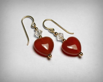 Carnelian Earrings, Clear Crystal Earrings, Valentine's Day Gift, Dangle Drop, Genuine Carnelian, Red Silver & 14K Gold Filled Earring