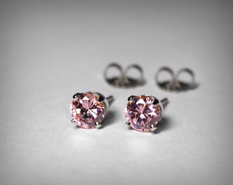 14K Pink Earrings, Pink Cubic Zirconia Earrings, October Birthstone Earrings, 14K White Gold, Pink CZ, Stud 14K Earrings, October Birthday