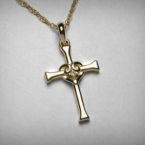 Diamond Cross Necklace, 14K Cross Pendant, Diamond Heart Necklace, 14K Yellow Gold Cross, Diamond Pendant, Confirmation First Communion Gift