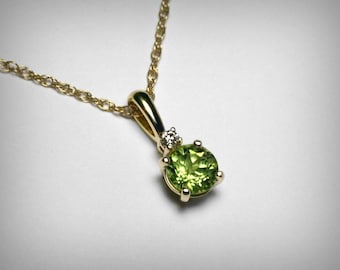 Genuine Peridot Necklace, 14K, Genuine Diamond, Natural Peridot Pendant, 14K Yellow Gold, August Birthstone Birthday, Peridot Green Necklace