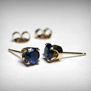 Sapphire Stud Earrings, 14K Gold, Created Sapphire Earring Studs, 14K White or Yellow Gold, Sapphire Jewelry, September Birthstone Earrings image 1