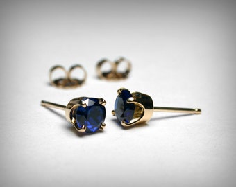 Sapphire Stud Earrings, 14K Gold, Created Sapphire Earring Studs, 14K White or Yellow Gold, Sapphire Jewelry, September Birthstone Earrings