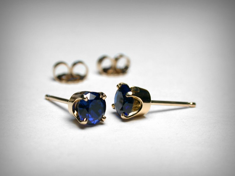 Sapphire Stud Earrings, 14K Gold, Created Sapphire Earring Studs, 14K White or Yellow Gold, Sapphire Jewelry, September Birthstone Earrings image 1