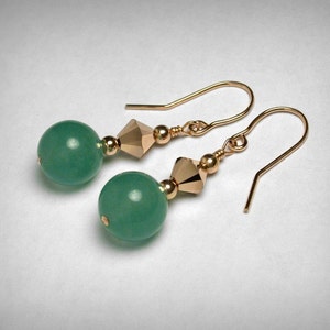 Pendientes de oro rosa, pendientes verdes, oro rosa, relleno de oro rosa de 14K, pendientes de aventurina verde genuino, pendiente colgante de gota de rosa