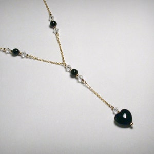 Lariat Necklace or &quot;Y&quot; Necklace in 14K Yellow Gold Filled,  Black Onyx Necklace,  Swarovksi Crystal Pendant,  Heart Necklace, Black Necklace