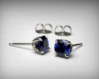 Sapphire Earrings, 14K White Yellow Rose Gold, Simulated Sapphire Stud Earrings, Sapphire Jewelry, September Birthstone Earrings, 14K Gold