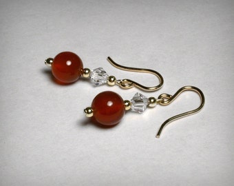 Carnelian Earrings, Red Earrings, 14K Yellow Gold Filled, Clear Crystal Earrings, Genuine Carnelian Earring, Gold Drop Dangle Earrings,