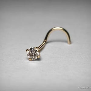 Diamond Nose Stud, Solid 14K Yellow Gold, Genuine & Natural Diamond, 2.2mm Diameter, Weighing .04 Carats, Nose Pin Ring With a Twist Curl