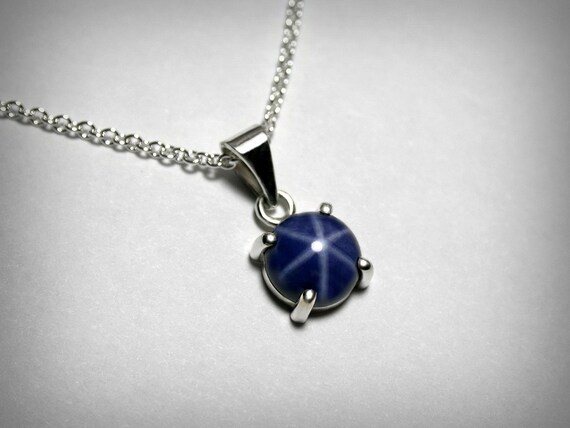 Created Blue Star Sapphire Necklace Pendant Sterling Silver - Linde Star Sapphire Pendant Created Blue Star Sapphire Necklace Pendant Sterling Silver - Linde Star Sapphire Pendant